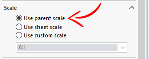 Use parent scale option in SOLIDWORKS