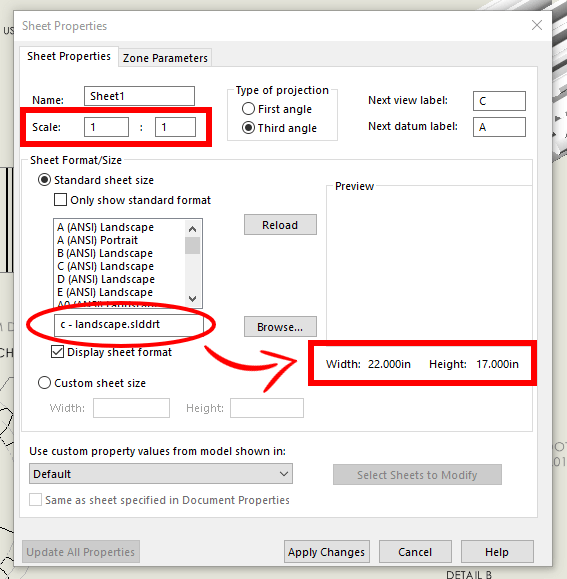 Sheet format and size in sheet properties in SOLIDWORKS