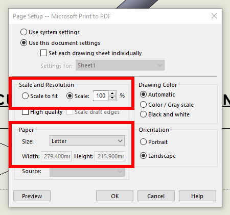 Scale and resolution in page setup printer settings