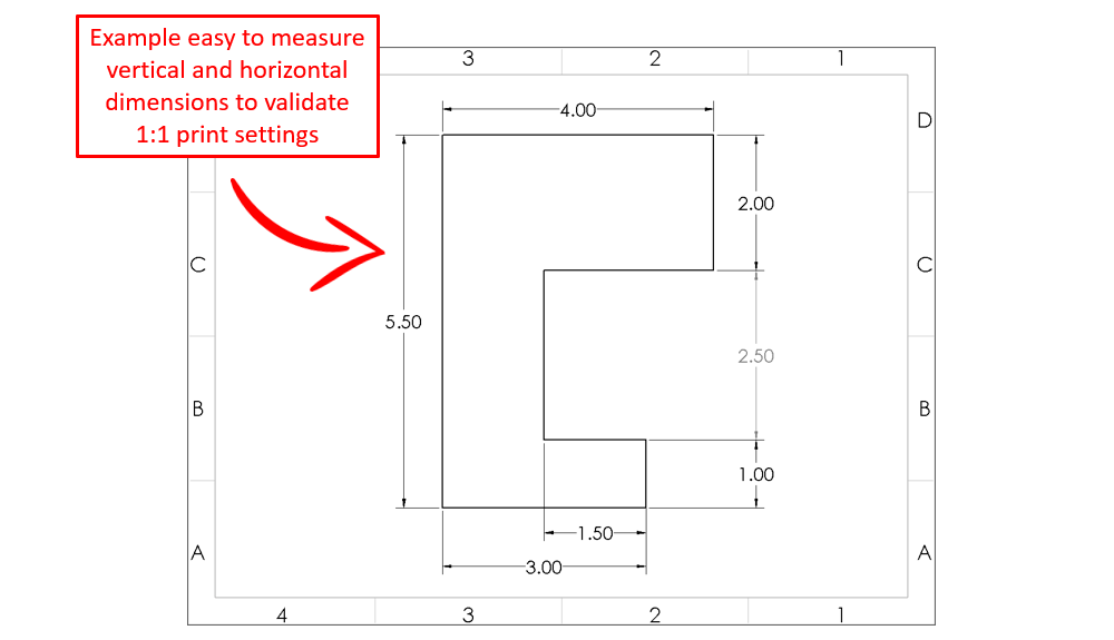 Measure vertical and horizontal dimensions to validate 1:1 print settings