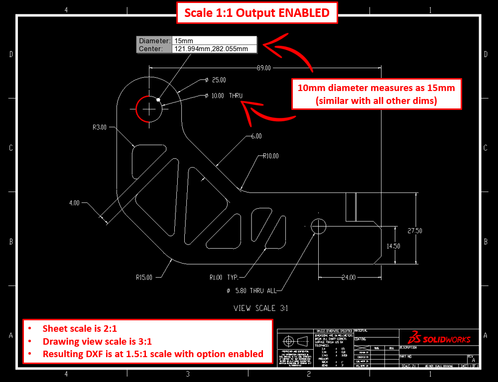 Drawing view with 3:1 scale in SOLIDWORKS