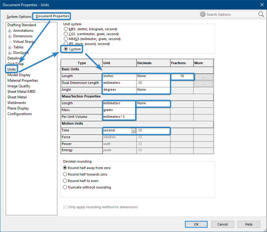 Document Properties>Units>Custom