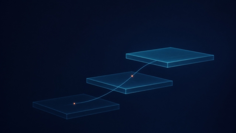 Three ascending cyan wireframe platforms linked by a climbing digital thread on a dark navy field.