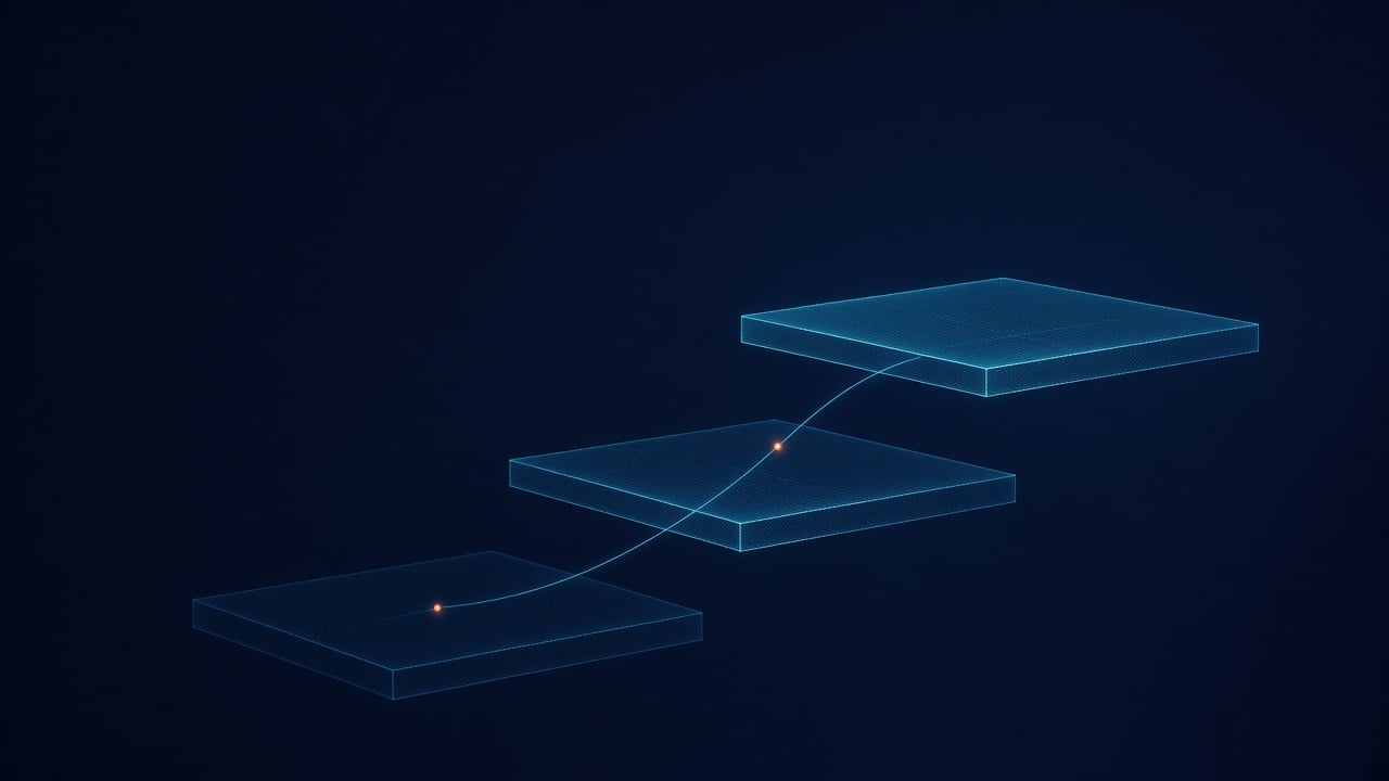 Three ascending cyan wireframe platforms linked by a climbing digital thread on a dark navy field.