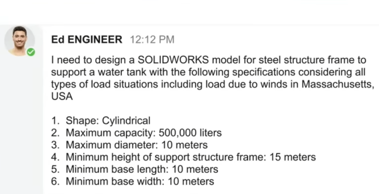 SOLIDWORKS AI designing a steel structure for a water tank at 3DX World 2026