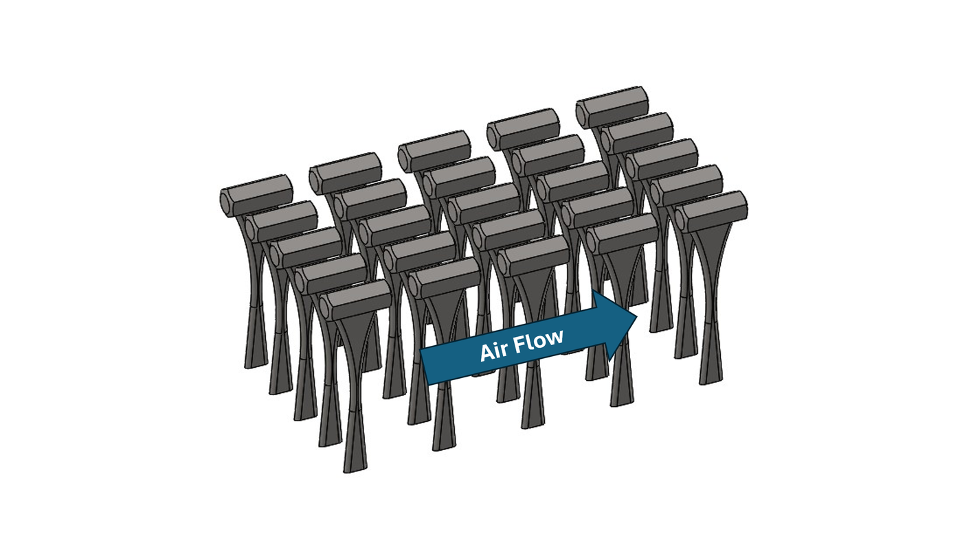 Isometric CAD view of a 4-by-6 grid of hammer-shaped metal parts with a blue Air Flow arrow pointing through the array.