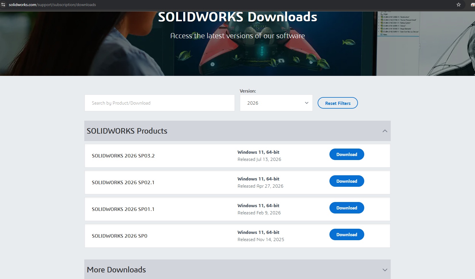 SOLIDWORKS Downloads page filtered to version 2026, listing service packs such as SOLIDWORKS 2026 SP03.2 with Download buttons for Windows 11 64-bit.