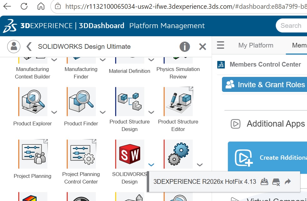 3DEXPERIENCE Platform Management dashboard showing SOLIDWORKS Design Ultimate apps including SOLIDWORKS Design, Product Explorer, and Project Planning, with Members Control Center Invite and Grant Roles on the right.