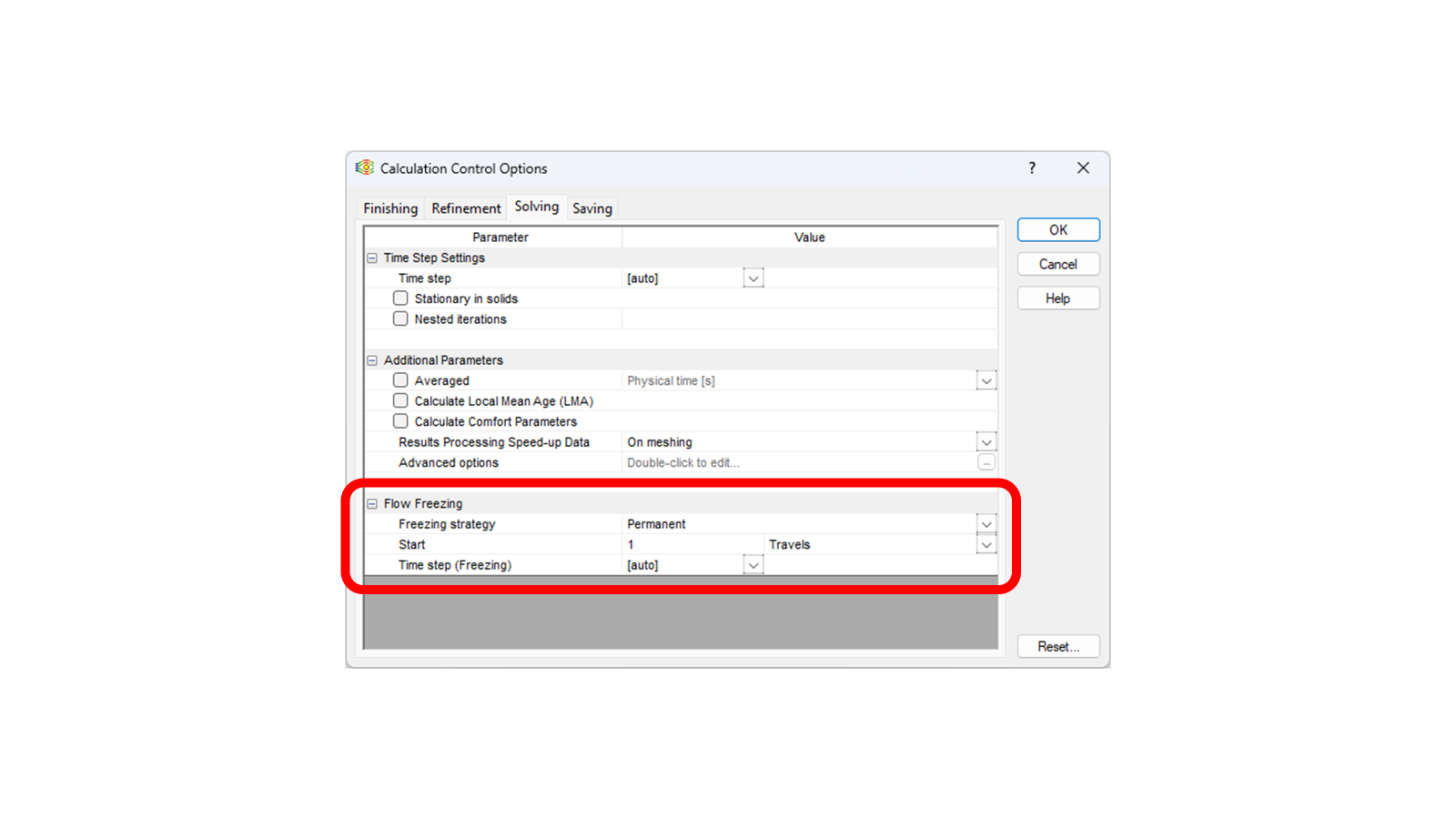SOLIDWORKS Flow Simulation Calculation Control Options dialog on the Solving tab, with Flow Freezing strategy set to Permanent starting after 1 Travel.