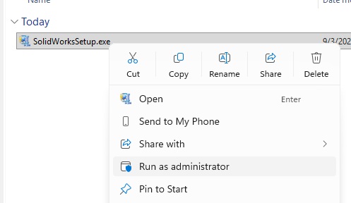 Windows File Explorer context menu on SolidWorksSetup.exe with Run as administrator highlighted.