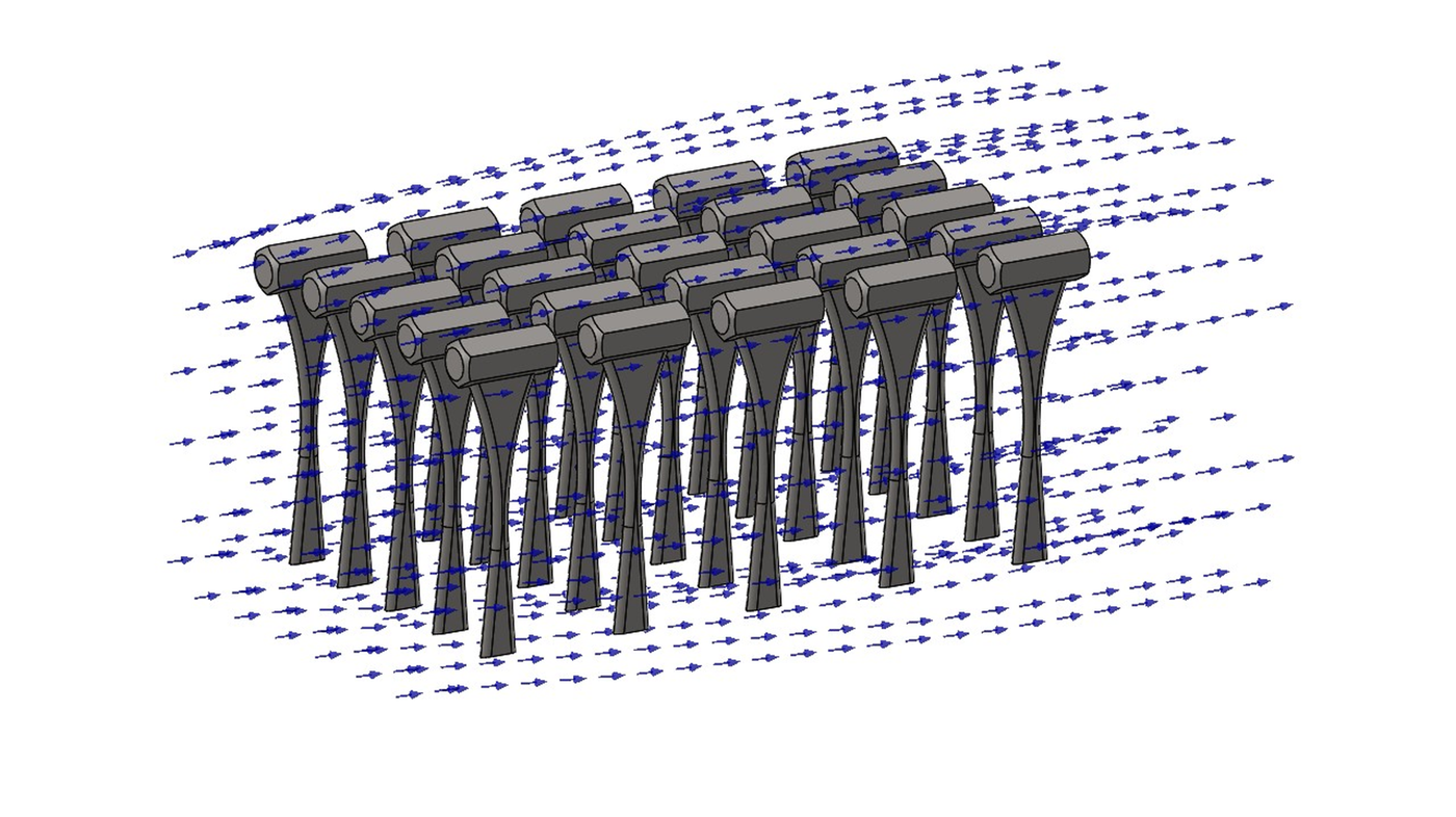 Isometric CFD velocity-vector plot showing blue airflow arrows passing left to right through a grid of hammer-shaped parts.