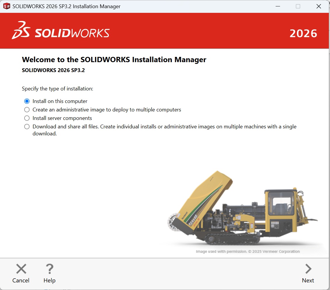 SOLIDWORKS 2026 SP3.2 Installation Manager welcome screen with Install on this computer selected among administrative image and server options.