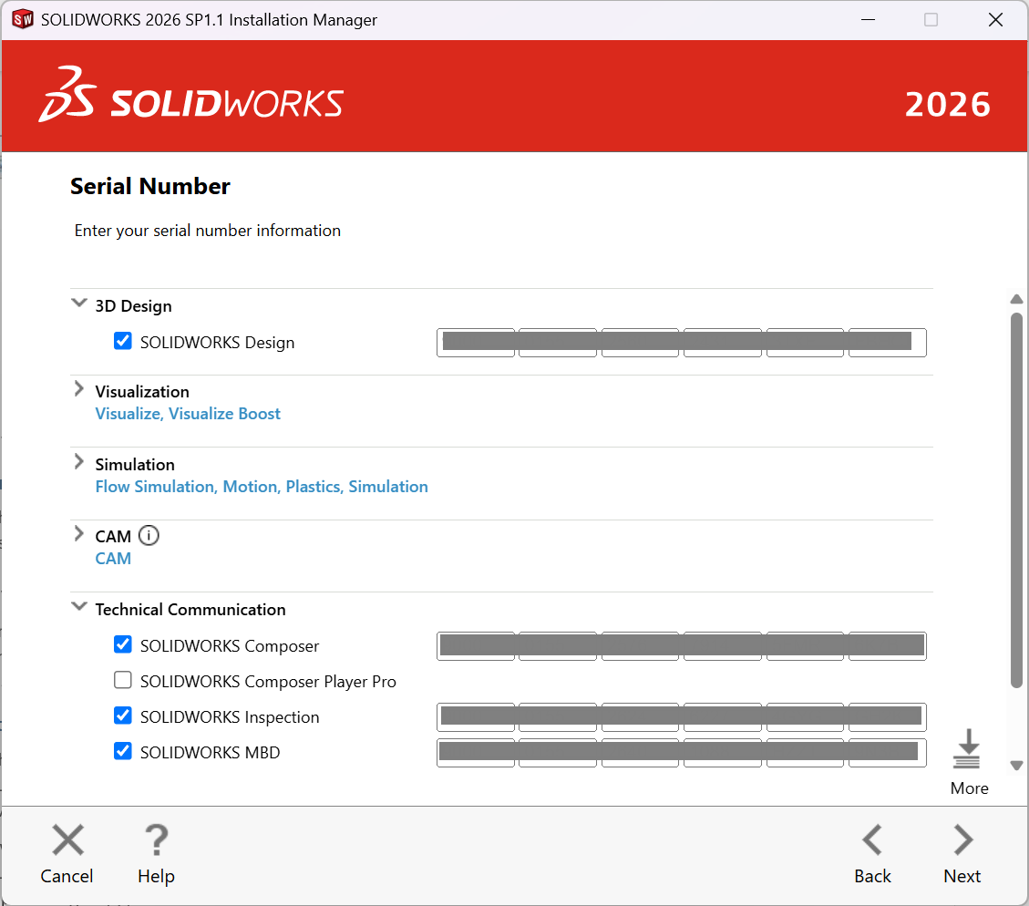 SOLIDWORKS Installation Manager Serial Number step with SOLIDWORKS Design and related products selected and serial number fields shown for device licensing.