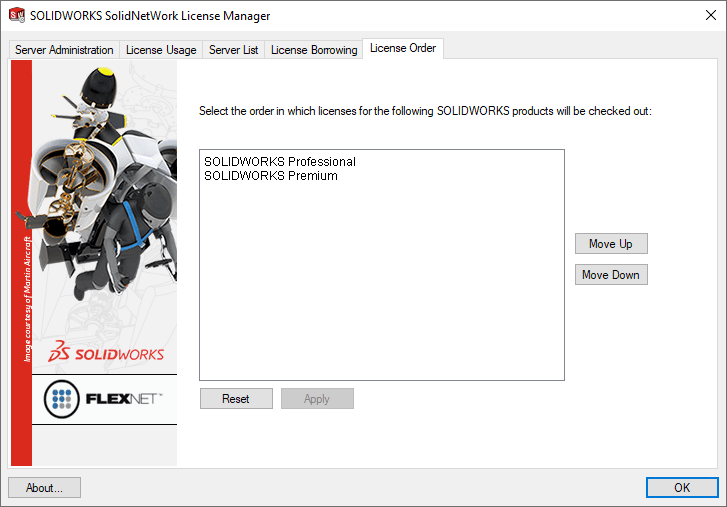 SOLIDWORKS SolidNetWork License Manager License Order tab listing SOLIDWORKS Professional and Premium with Move Up and Move Down controls for checkout priority.