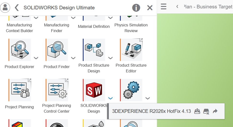 3DEXPERIENCE compass showing the SOLIDWORKS Design Ultimate app grid with SOLIDWORKS Design highlighted for launch after signing in.