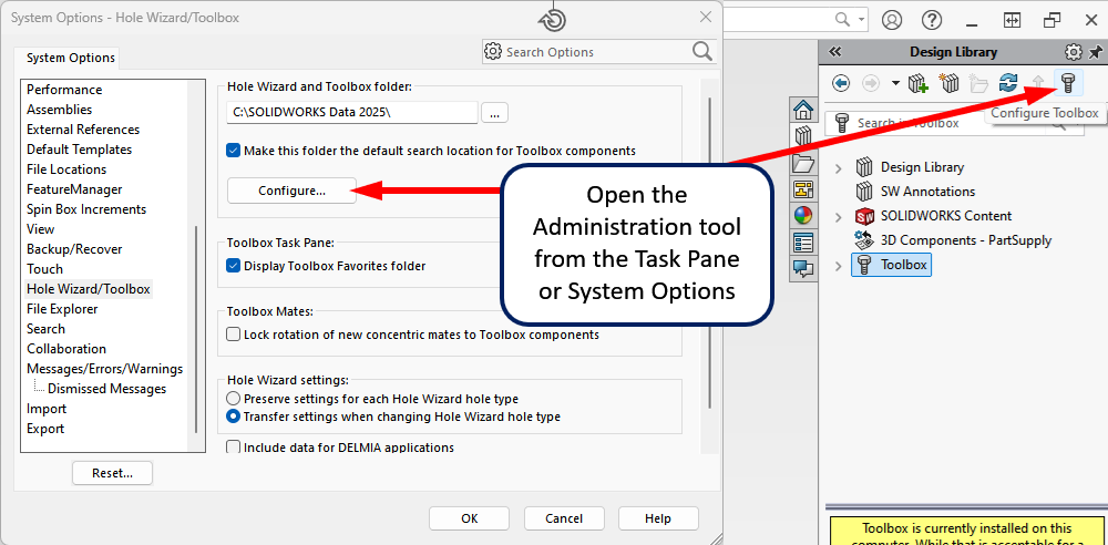 Administration tool SOLIDWORKS Toolbox