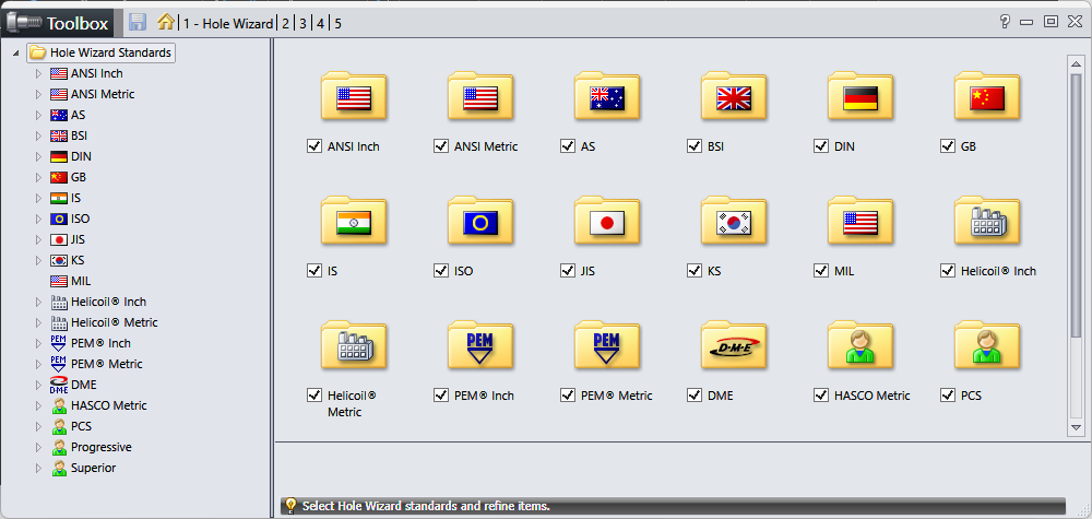 Toolbox GUI showing the types of fasteners for customization in the SOLIDWORKS Toolbox 