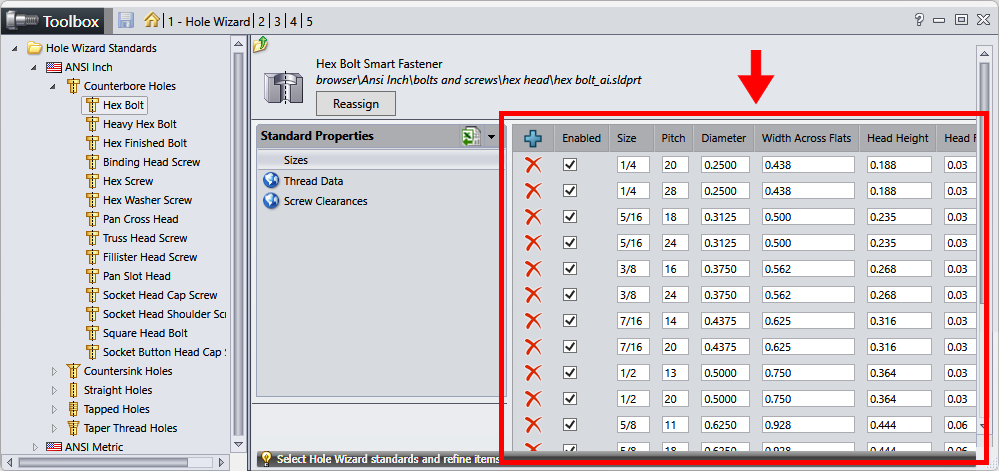 Window showing how to add custom data to the hole wizard for specific fasteners