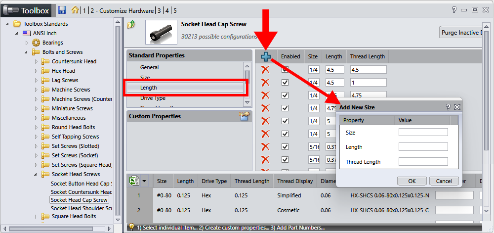Window showing how to add a new size component in SOLIDWORKS toolbox