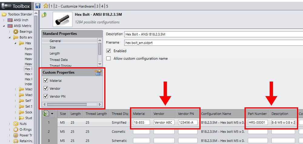 GUI window showing file properties for components in SOLIDWORKS toolbox