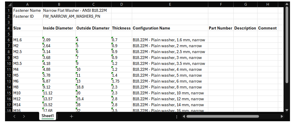 Excel sheet data for customized fasteners to import into the SOLIDWORKS Toolbox 