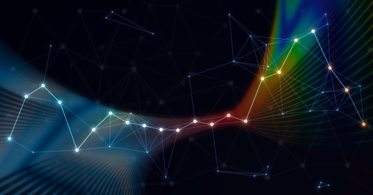 Glowing network of connected nodes forming a path that shifts from cool blue to red, orange and yellow across a dark background