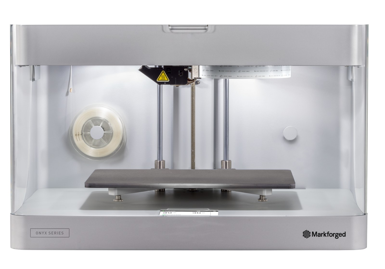 Markforged Onyx Pro desktop 3D printer with Onyx filament spool in the build chamber