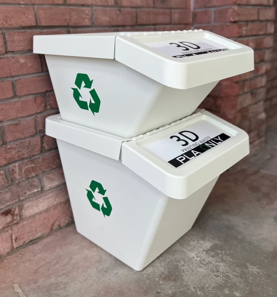 Recycling bins designated for 3D printing waste