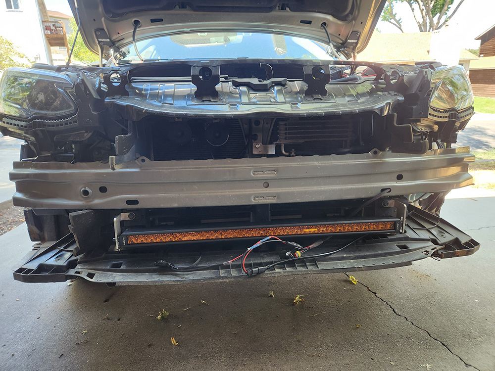 The light bar is installed on the front Subaru Outback bumper