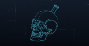 Blue wireframe 3D model of a skull-shaped Aztec death whistle on a dark technical blueprint background, the header image for a roundup of the nerdiest SOLIDWORKS and 3D printing builds.