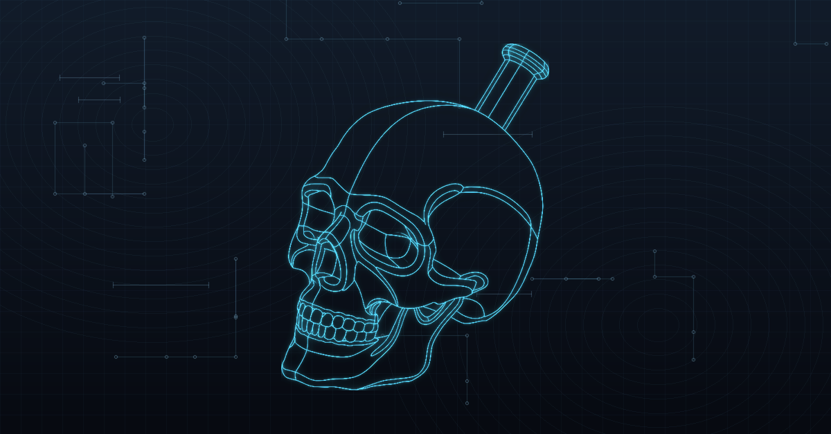Blue wireframe 3D model of a skull-shaped Aztec death whistle on a dark technical blueprint background, the header image for a roundup of the nerdiest SOLIDWORKS and 3D printing builds.