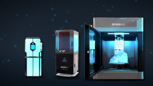 Hawk Ridge Systems × Stratasys webinar header featuring J55 Prime, Origin Two, and Neo450 in a tight staggered lineup with cyan lens flares.