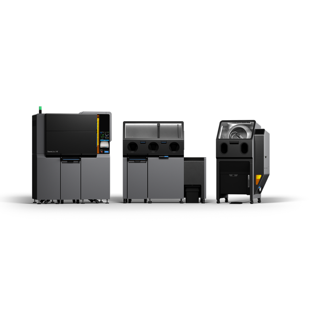 Formlabs Fuse X1 ecosystem consisting of 3D printer, Fuse X1 Build Unit, and Fuse Sift X1