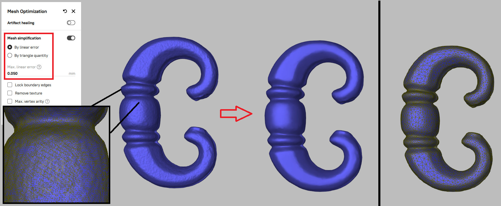 A side-by-side of the high-resolution mesh and its triangle shape is next to a mesh that has been optimized for a lower polygon count.