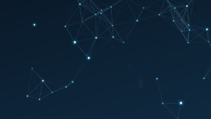 Dark navy background with a glowing blue network of connected nodes and lines arcing across the top and lower corners
