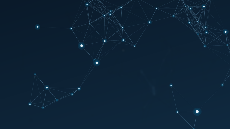 Dark navy background with a glowing blue network of connected nodes and lines arcing across the top and lower corners