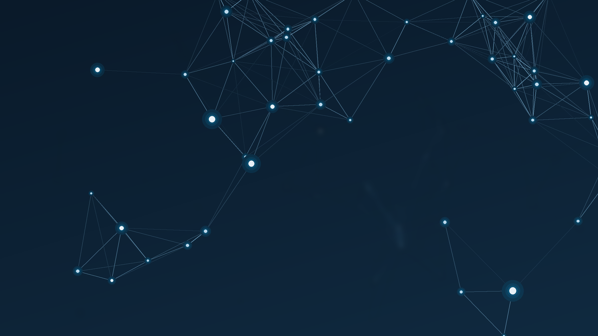 Dark navy background with a glowing blue network of connected nodes and lines arcing across the top and lower corners