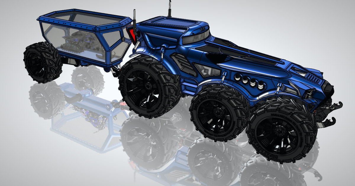 Render of a blue six-wheeled concept rover towing a glass-sided trailer on a white reflective floor