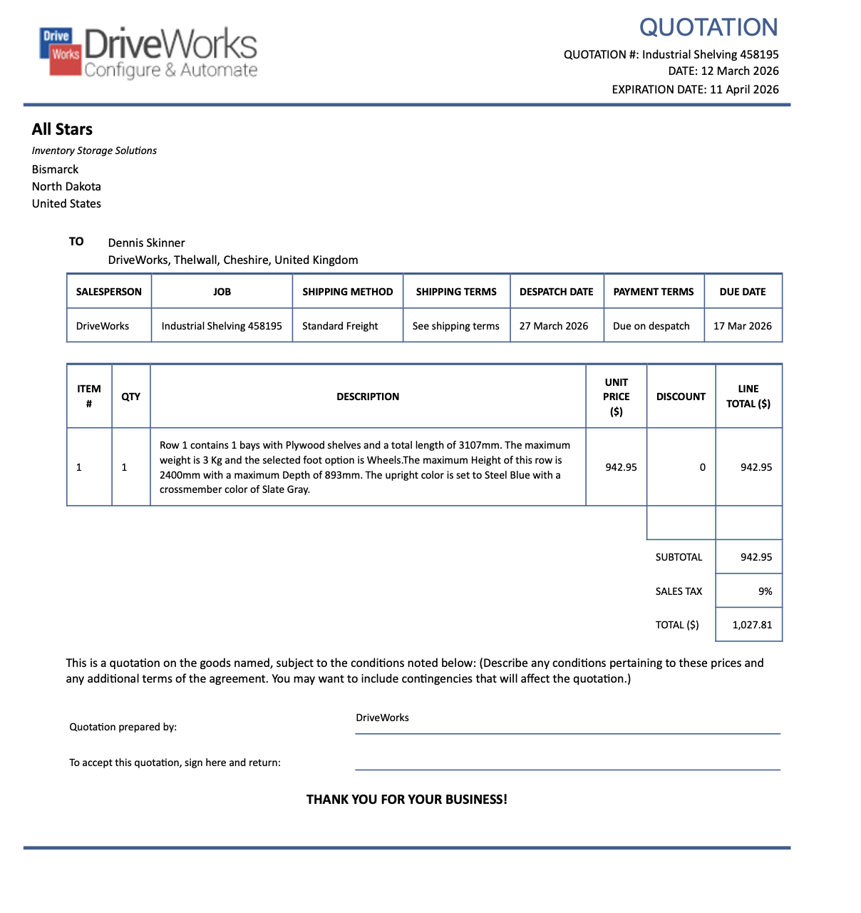 Quotation for custom shelving in DriveWorks Pro