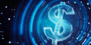Glowing blue dollar sign on a digital network background, representing promotions and deals that stretch your remaining manufacturing budget