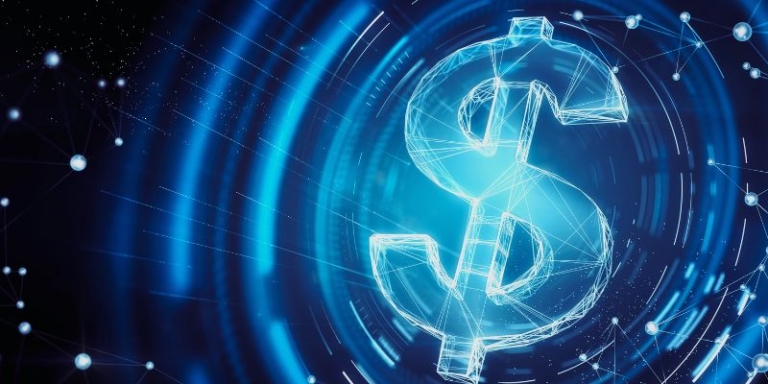 Glowing blue dollar sign on a digital network background, representing promotions and deals that stretch your remaining manufacturing budget