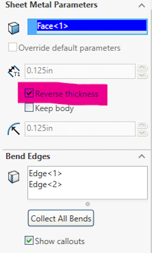 Figure 3: Sheet metal parameters in SOLIDWORKS