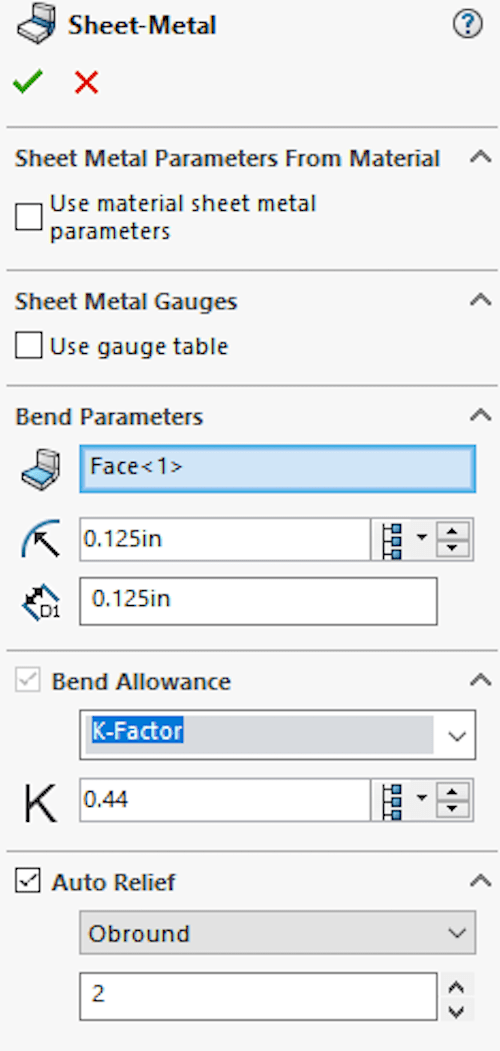 Figure 7: Optimizing sheet metal parameters in SOLIDWORKS before sending to the manufacturer 