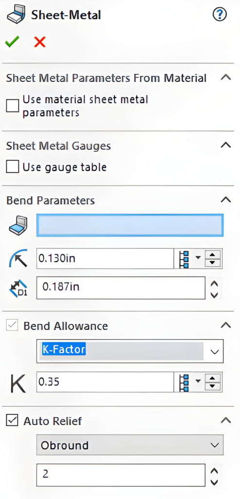 The SOLIDWORKS sheet metal parameters menu