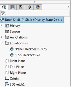 The SOLIDWORKS FeatureManager design tree for the 15-minute bookcase, showing global-variable equations for panel thickness (0.75) and top thickness (1) driving a top-down assembly.