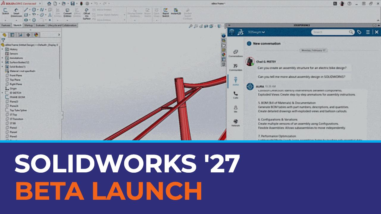 SOLIDWORKS 2027 beta launch graphic with AI assistant in the SOLIDWORKS interface