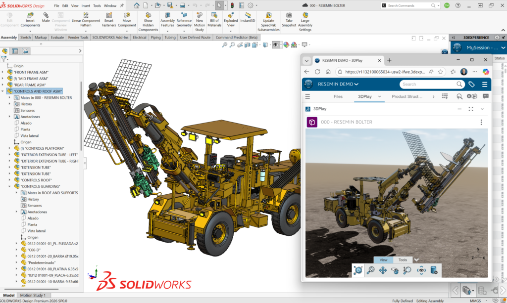 A large assembly of a mining drill rig in SOLIDWORKS and 3DEXPERIENCE