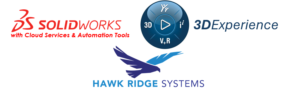 SOLIDWORKS with Cloud Services and automation tools, 3DEXPERIENCE, and Hawk Ridge Systems logos