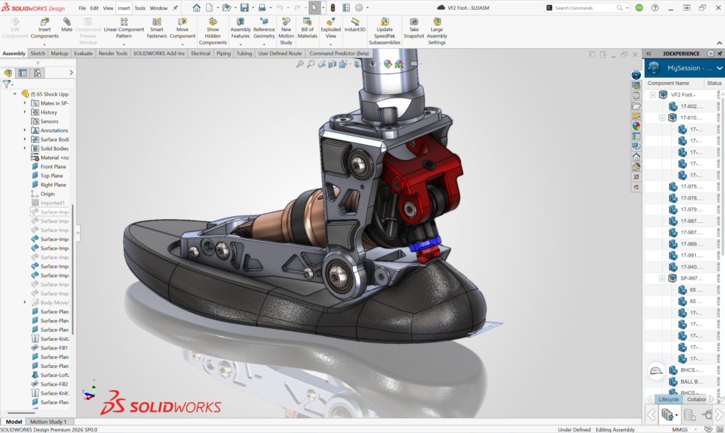 A detailed prosthetic foot and ankle assembly in SOLIDWORKS Desktop