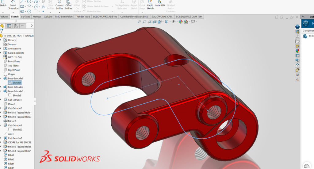 A red pivot bracket in SOLIDWORKS
